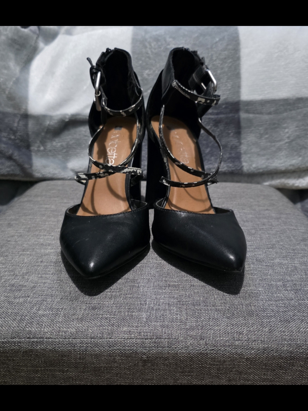 Strappy Black Pointed-Toe Womenโs Heels